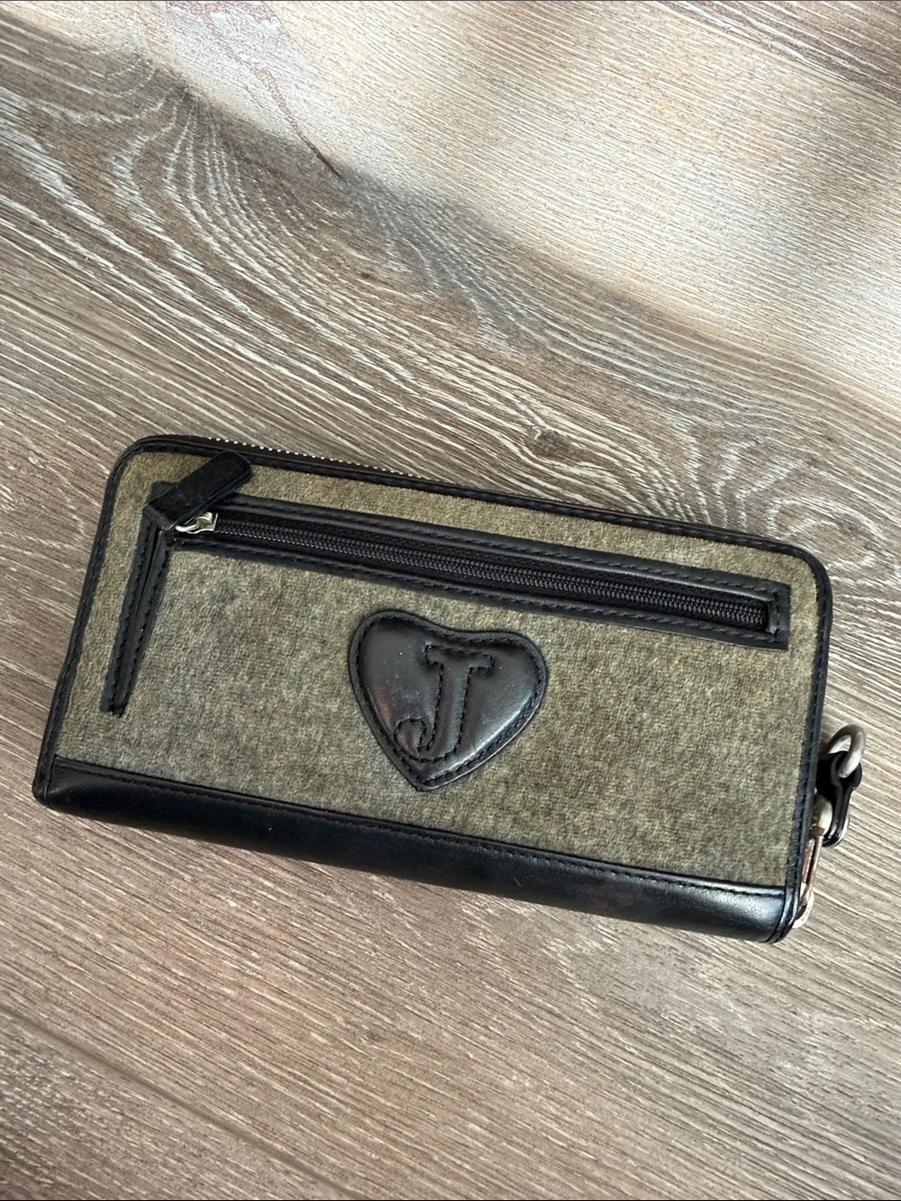 Juicy Couture Olive & Black Zip Wallet with Pink Crest Embroidery